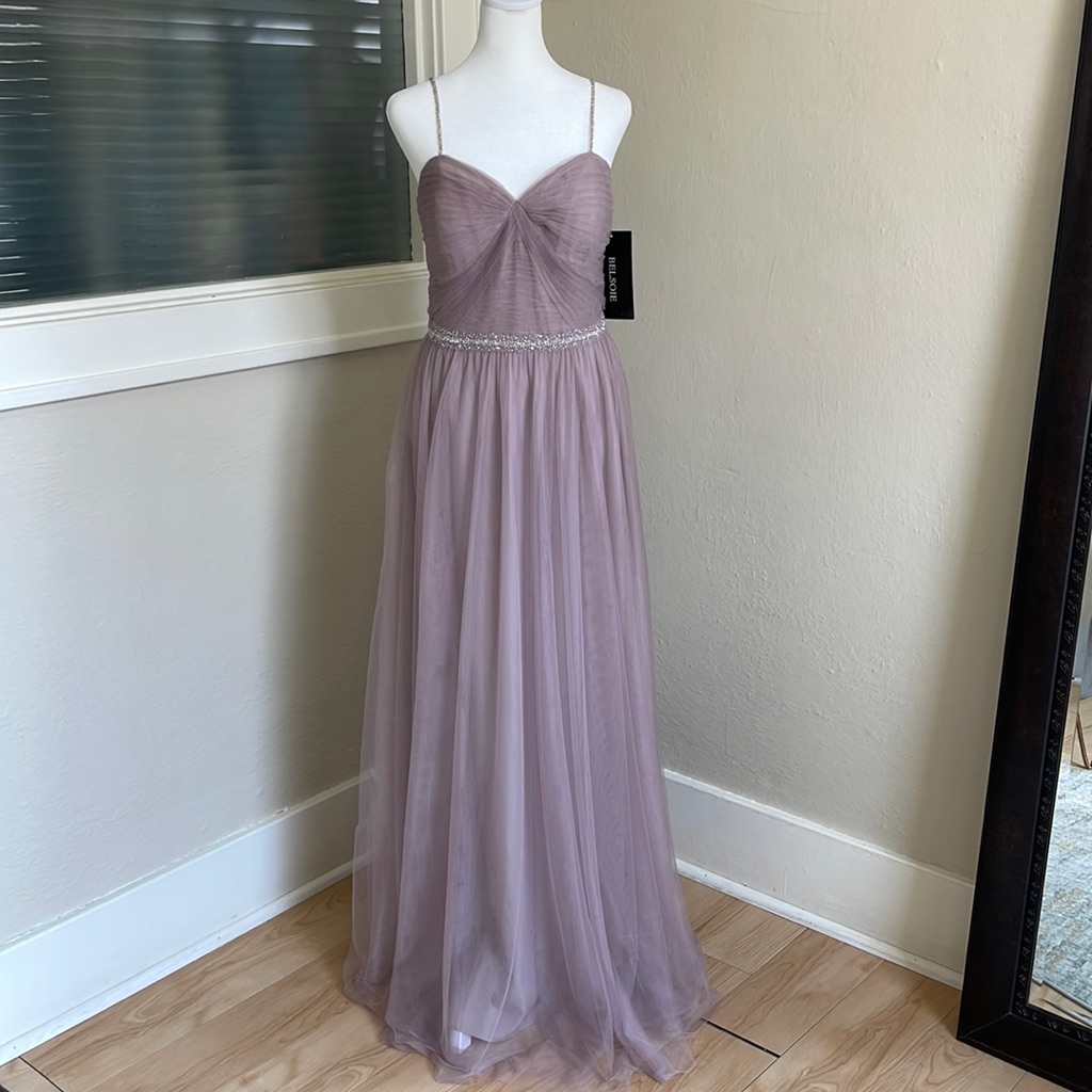 Size 12 Taupe/Mauve Long Soft Net Flowing Aline Gown By Belsoie